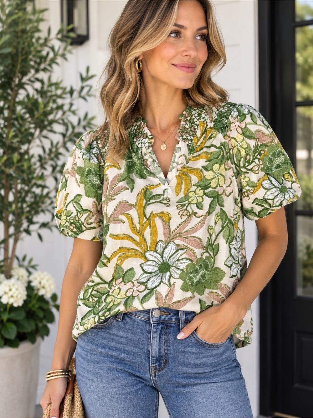 VOY Smocked Floral Popover Blouse Sz S Boho Garden Top Green